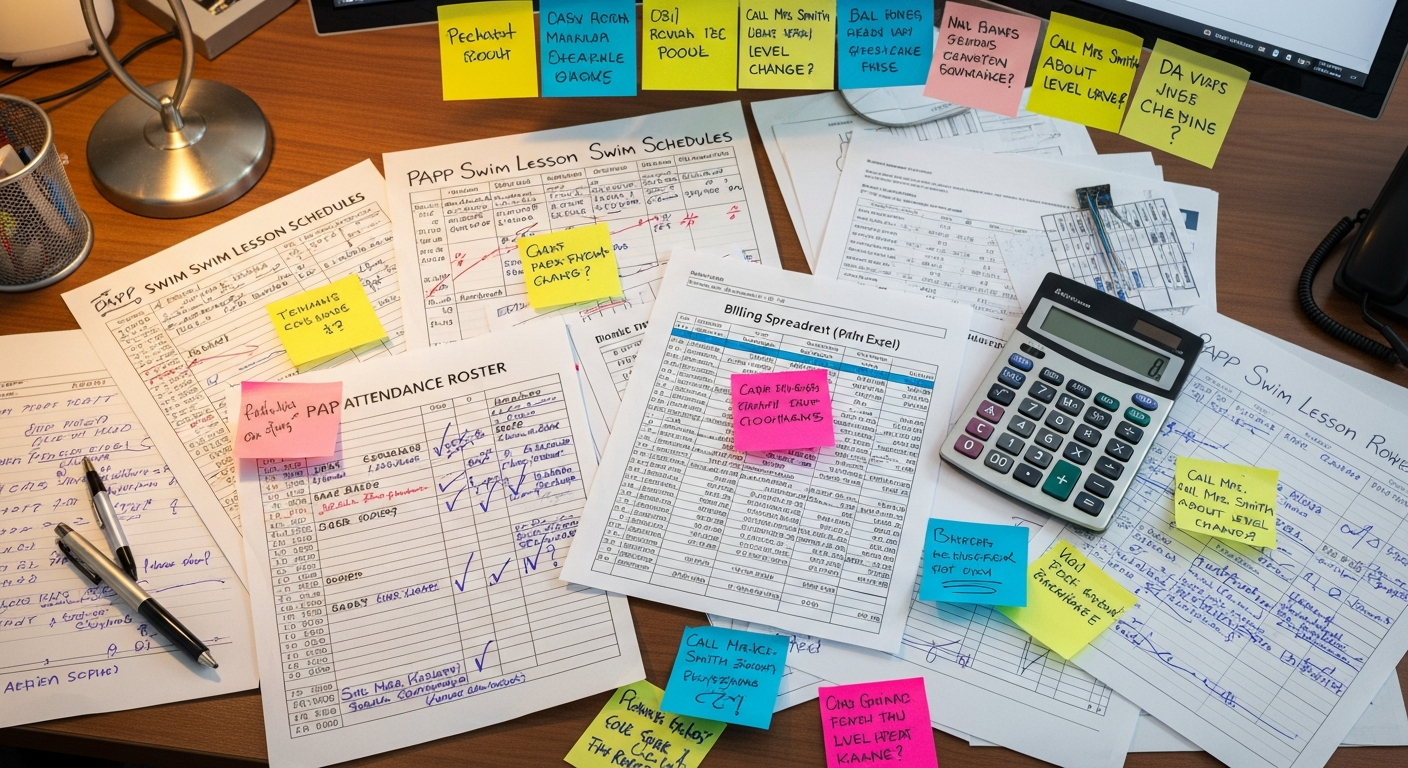 Swim school owner overwhelmed by scheduling spreadsheets and parent messages